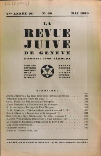 La Revue Juive de Genève. Vol. 7 n° 8 fasc. 68 (mai 1939)